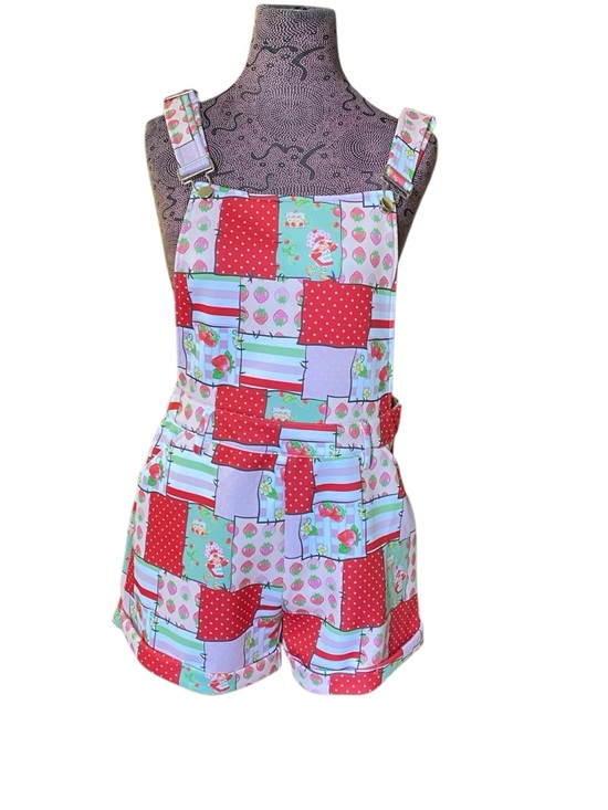 Her Universe Pants - Her Universe Patchwork Strawberry Shortcake Print Short Overalls